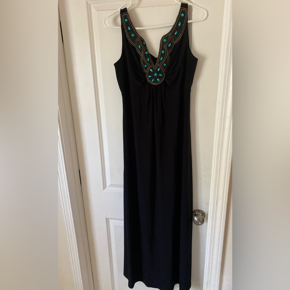 Maxi Dress (black, turquoise stones around neckline, size:M)
